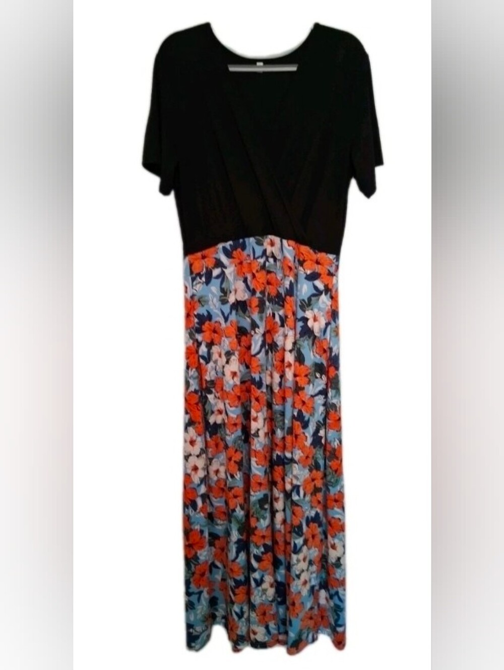 Maxi Dress Black Vneck With Floral Bottom/skirt Short Sleeve, Sz XLG